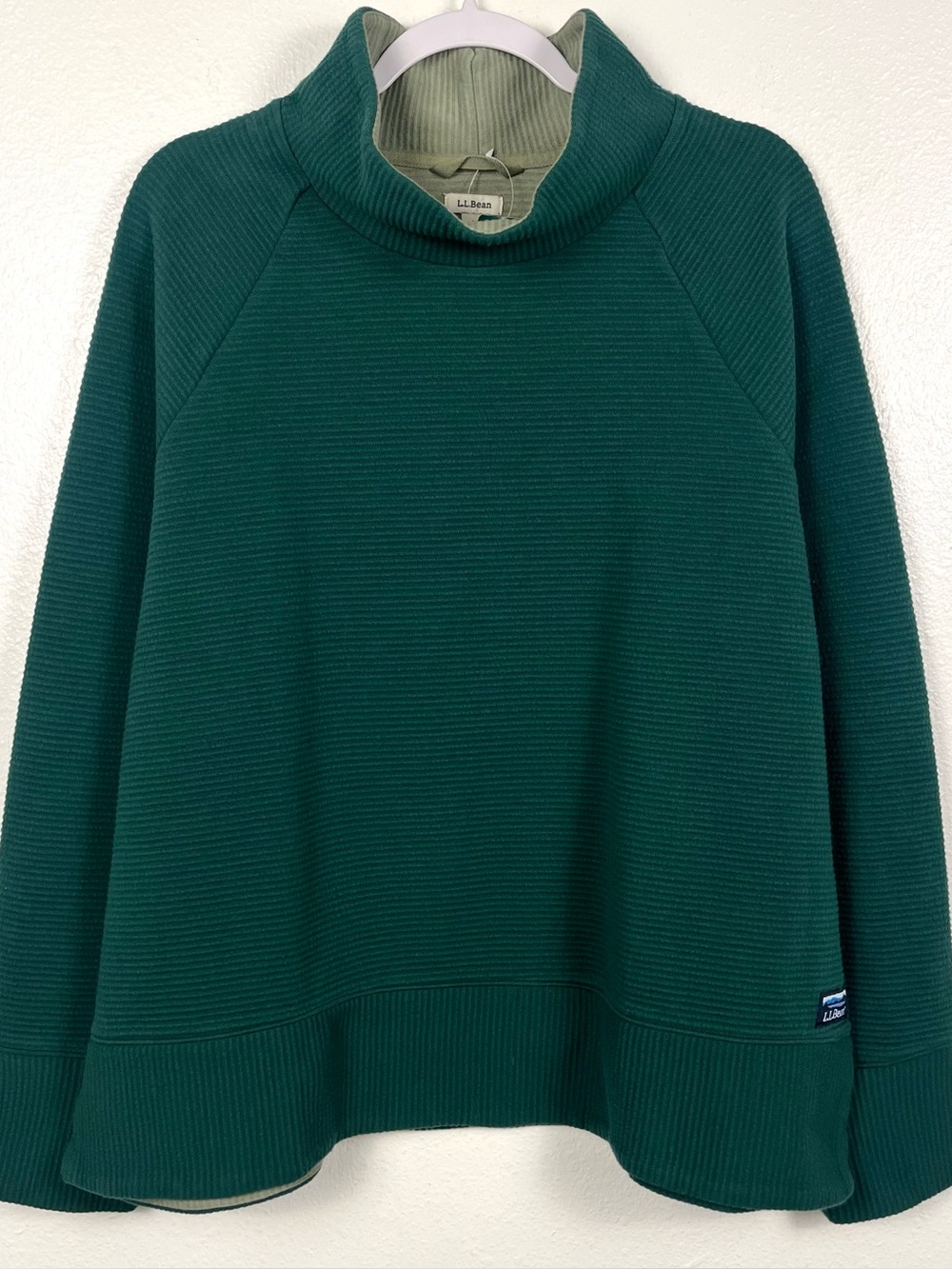 NWT LL Bean 1X Women's Forest Green Ribbed Double-Knit Funnel Neck Pullover Top